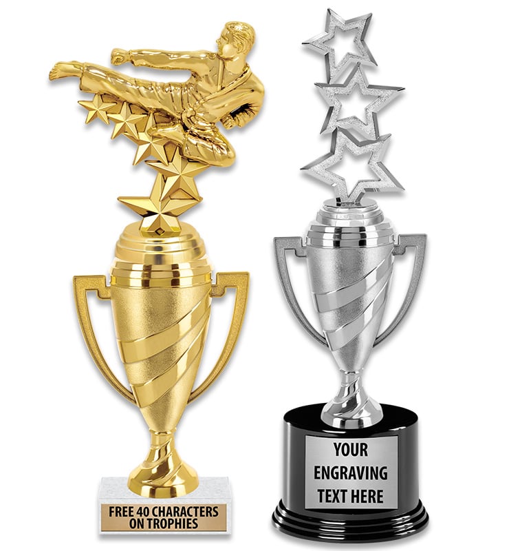 Gold And Silver Swirl Cup Trophies With Figures
