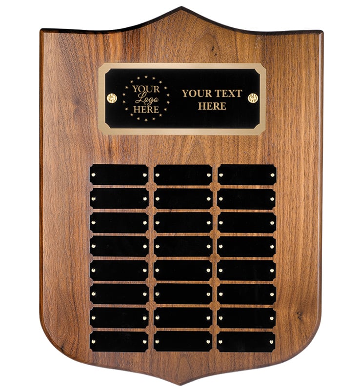 24 Plate Genuine Walnut Shield Perpetual Plaque
