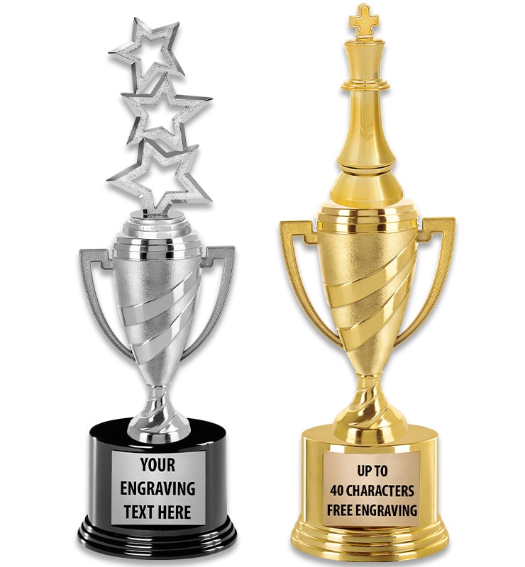 12"-15" Gold And Silver Swirl Cup Trophies With Figure On Round Base