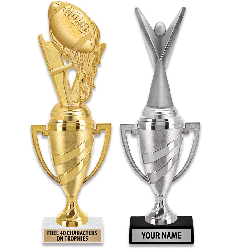 10 3/4" -13 1/2" Gold And Silver Swirl Cup Trophies With Figure