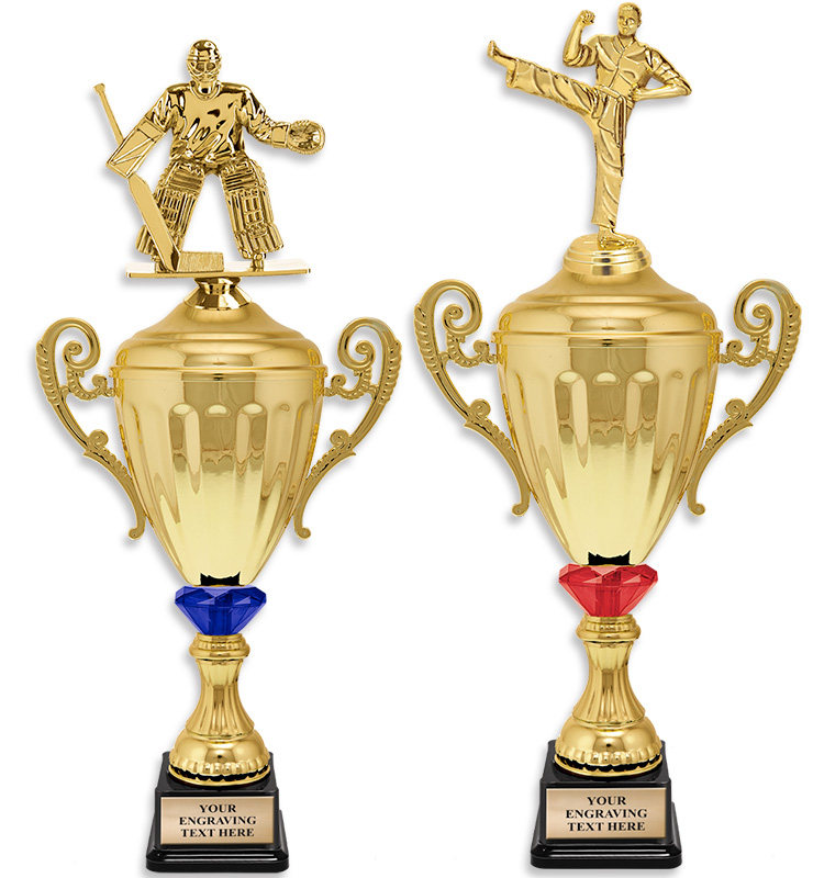 Gold Metal Accolade With Figure Crystalline Cup Trophies