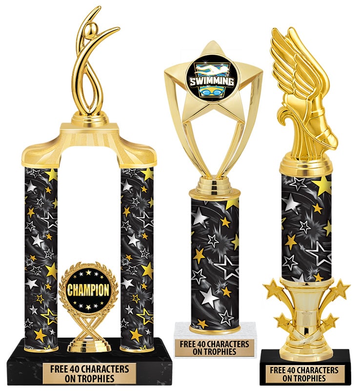 Black Silver Gold Star Column Trophies