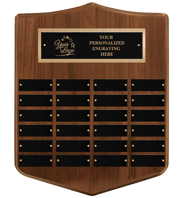 24 Plate Genuine Walnut Shield Perpetual Plaque